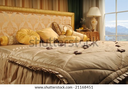 luxurious bed in a number with a kind on mountains