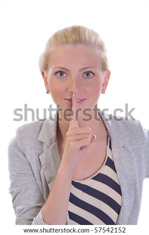 Beauty female with her finger to her mouth gesturing for quiet, isolated on white