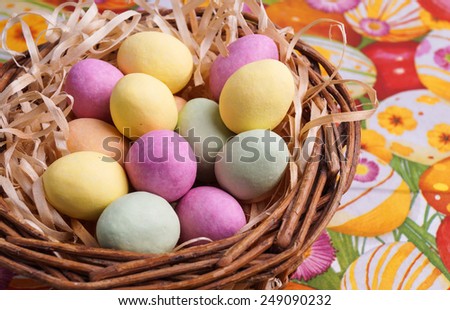 Easter Egg in Basket. Colourful Holliday eggs