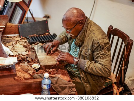 Havana, Cuba - January 8, 2016: The famous cigar-maker Jose Castelar Cairo, better known as el Cueto, about to roll a cigar