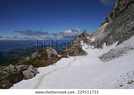 Footsteps in the snow in an alpine landscape