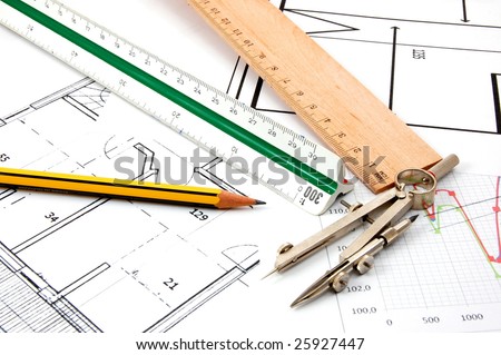 architecture or business still life with plans as background