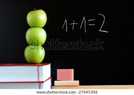 blackboard with apples and books showing a concept for education