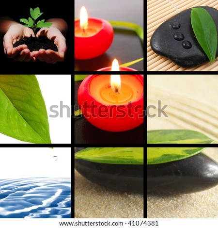 spa collage or collection with stone candle and water images