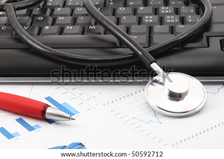 stethoscope computer keyboard and medical research data