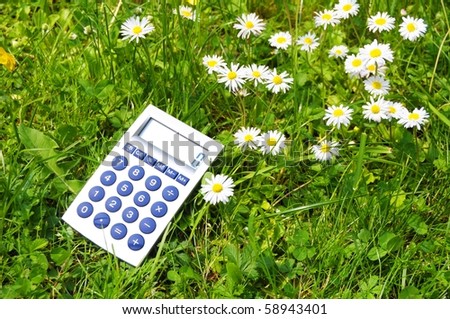 ecological accounting concept with calculator in green grass