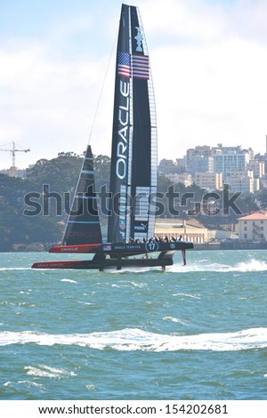 SAN FRANCISCO, CALIFORNIA Ã¢Â?Â? SEPTEMBER 14: Oracle Team USA sails at high speed in route to victory during race 8 at the AmericaÃ¢Â?Â?s Cup Finals on September 14, 2013 in San Francisco, California.