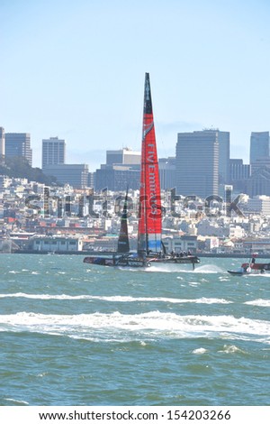 SAN FRANCISCO, CALIFORNIA Ã¢Â?Â? SEPTEMBER 14: Team New Zealand sails at high speed in during the finals race 8 at the AmericaÃ¢Â?Â?s Cup Finals on September 14, 2013 in San Francisco, California.