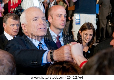 COLORADO SPRINGS - SEPTEMBER 6, 2008: John McCain shakes hands with the crowd after delivering at speech at his presidential rally in Colorado on Sept. 6, 2008.