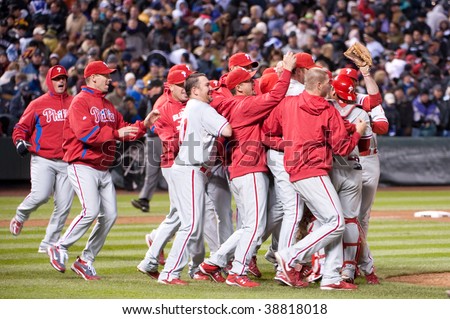 DENVER, COLORADO - OCTOBER  12:  The Philadelphia Phillies celebrate after winning game 4 of the  National League Division Series on October 12, 2009 in Denver Colorado.