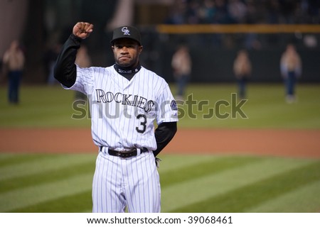 DENVER, COLORADO - OCTOBER 11:  Eric Young of the Colorado Rockies gestures for game 3 of the Rockies, Phillies National League Division Series on October 11, 2009 in Denver Colorado.