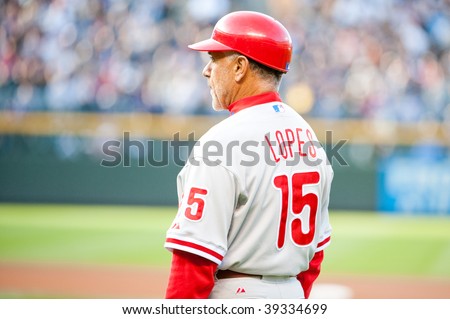 DENVER, COLORADO - OCTOBER 12: First base coach Davey Lopes of the Philadelphia Phillies in game 4 of the Rockies, Phillies, National League Division Series on October 12, 2009 in Denver Colorado.