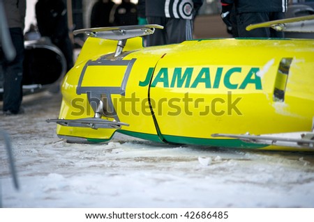 PARK CITY UTAH -  DECEMBER 5: Team Jamaica\'s bobsled is being prepared prior to their run at  the America\'s Cup Bobsled Races in Park City  December 5, 2009 in Park City, Utah.