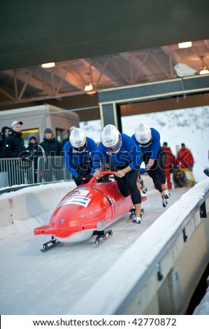 PARK CITY - DECEMBER 5: Japanese bobsled team competes in the America\'s Cup Bobsled Races December 5, 2009 in Park City, Utah.