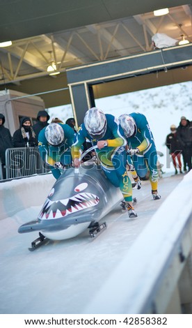 PARK CITY - DECEMBER 5 : Team Australia at the start gate during  the America\'s Cup Bobsled Races  December 5, 2009 in Park City, Utah.