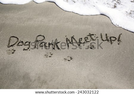 Dog park meet  up, a message written in the sand at the beach.
