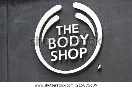 AMSTERDAM, THE NETHERLANDS - August 30, 2014, The Body Shop Company logo on a wall in at the entrance of a shop.