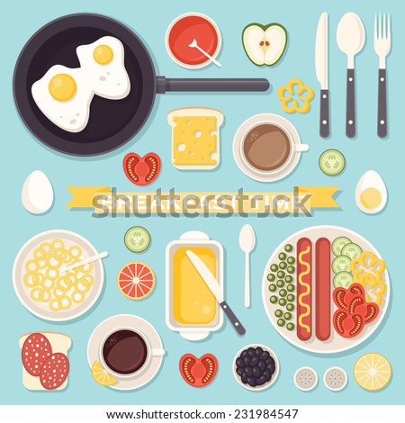 Vector icons set with fresh breakfast food and drinks in flat style
