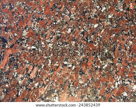 Classic texture of granite. Mineral composition of rocks are quartz, plagioclase, potassium feldspar and biotite mica. Orange tone