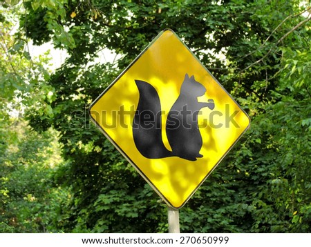 Yellow sign showing habitats of squirrels. Shallow depth of field