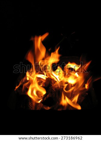 Wood logs burn in hot fire on black. Shallow depth of field. Soft focus