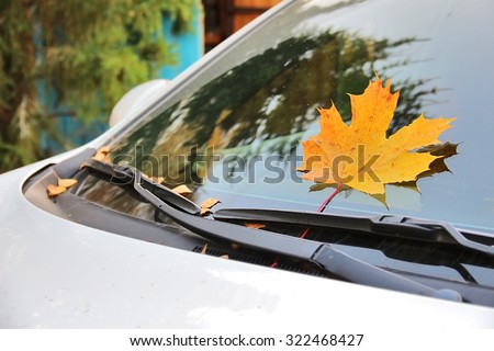 Yellow maple leaf pressed by wipers on windshield of car close up. Autumn. Shallow depth of field, focus on maple