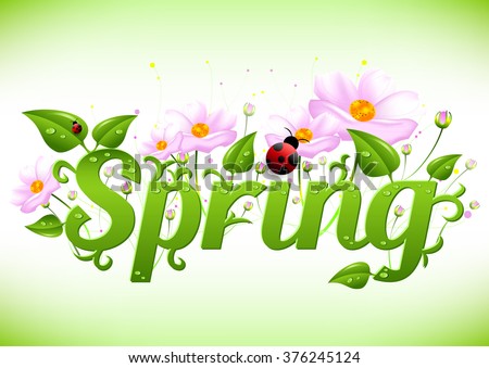 Spring card for wishes with beginning of spring. Word spring in nature style with spring flowers, green leaves with dew drops and ladybugs. Spring card. Nature logo. Spring vector illustration
