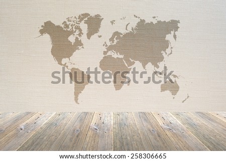 Wood terrace and Wallpaper interior texture background with world map