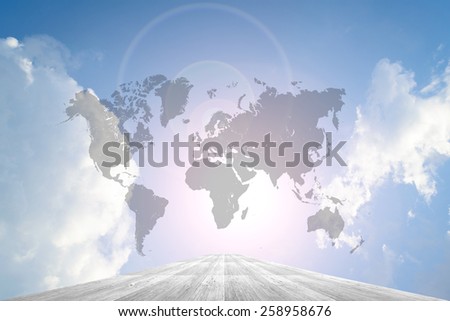 Wood way and Blue sky background with world map