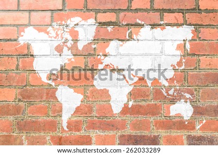 Red Brick wall texture background Soft tone White color with world map