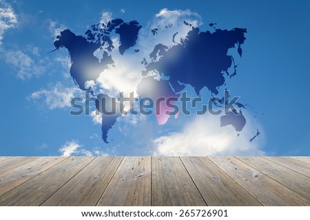 Wood terrace and Blue sky background with world map