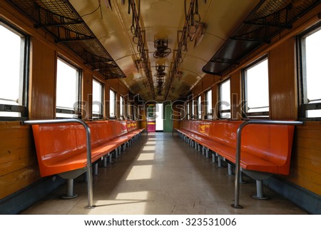 Cabin of a Public Thai Train Railway with seat. This is a public train Does not require a property release, isolated window and door white background.