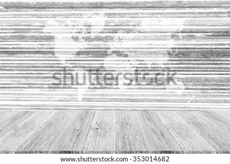 Wood terrace and Wall texture background surface white color with world map