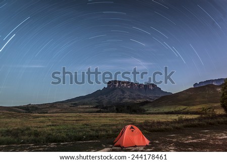 Star Trail over Roraima Table Mountain - Triple border, Venezuela, Guyana, Brazil