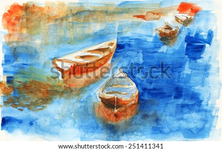 boats docked, watercolor paint. paper texture. boats illustration close up. blue lake background