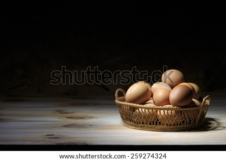 Still life eggs in the basket  in hard light. This  eggs so fresh from farm. On the egg shell have dung and mucilage for safe freshness for long time.