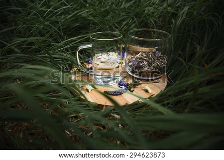 glass cup of tea and tea leaves on a grass