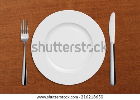 Dinner Plate, Knife, and Fork on white background