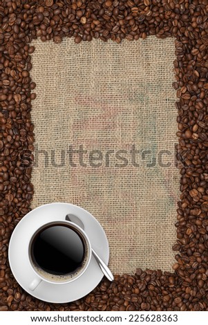 Coffee frame/Coffee beans and Coffee cup on a jute background