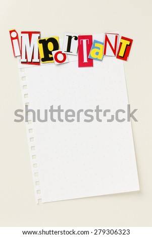 Blank note paper with magnet magazine letters/important