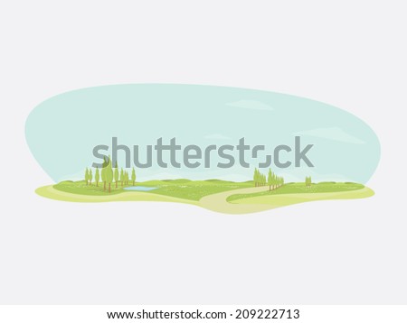 Natures landscape with cypress trees, a small lake and a road (vector).