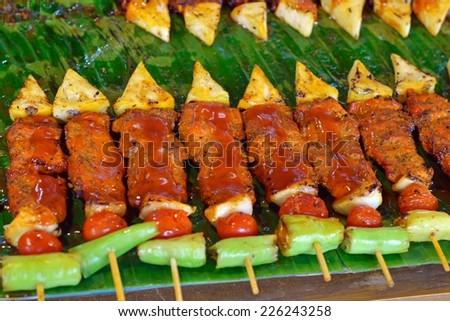 Barbecue with delicious grilled meat and veggie