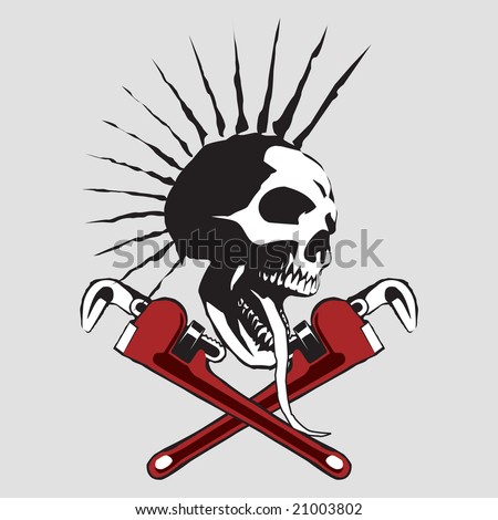 stock photo Skull with the pipe wrench
