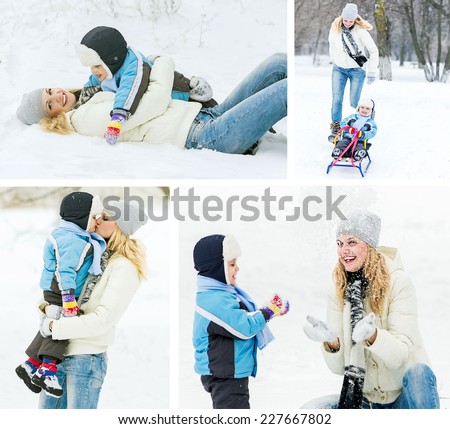 Happy family concept. Mother and her child playing with snow, wintertime. Collage.