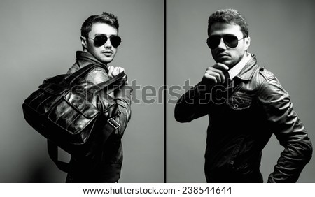 Fashion portrait of handsome man in leather trendy jacket, sunglasses and black modern bag with stylish haircut. Studio shot. Close up. Collage. Black and white.