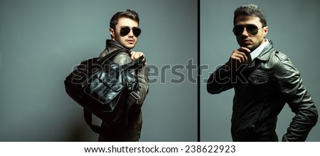 Fashion portrait of handsome man in leather trendy jacket, sunglasses and black modern bag with stylish haircut. Studio shot. Close up. Collage.