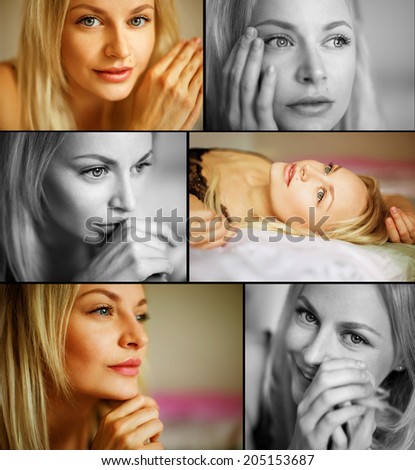 Collage (mosaic) of a beautiful young blonde woman. Perfect clean skin and natural make-up. Close up. Indoor shot