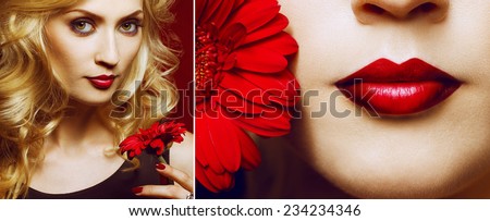 Beautiful Sexy Woman face closeup, makeup with Red Lips, Nails and Rose Flower. Beauty blond Girl. Passion. Makeup, Hairdo and Manicure. Sensual Mouth. Sexy Red Color Lips.