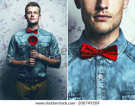 Arty fashion collage of a hipster young and handsome man in blue jeans shirt, brown pants and red bow-tie with a red flower over vintage background. Pensive emotive face. Close up. Studio shot