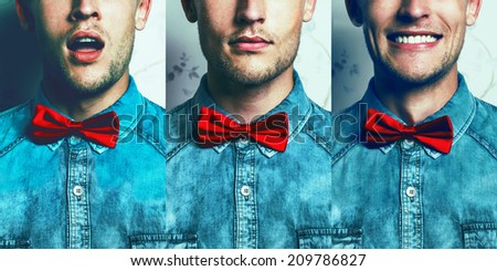 Half-face emotion portrait concept. Young and handsome hipster man in blue jeans shirt and red bow-tie over vintage background in three different emotions: surprise, muse, joy.Studio shot. Copy-space.